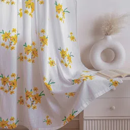 HOMEMONDE Yellow & White Set of 2 Floral Sheer Window Curtain image 4