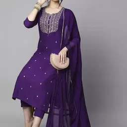 jivaq Cotton Blend Women Kurti With Dupatta & Bottomwear Embroidered Kurta, Trouser/Pant & Dupatta Set image 3