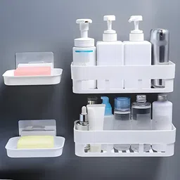 gryty Plastic Wall Mounted Rack Shelf With Soap Dish Holder Wall Shelf (PACK OF 4) Plastic Wall Shelf image 1