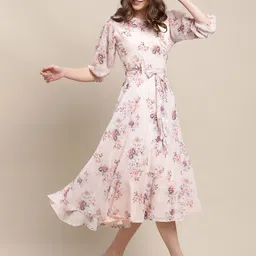 fabflee Women A-line Beige Midi/Calf Length Dress image 5