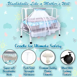 kiddery Ares | Value Baby Cradle | New improved Mattress Design | 25% More Space for Baby | Mosquito Protection Net | All Wheel Lock | 0-8 months | Blue image 5