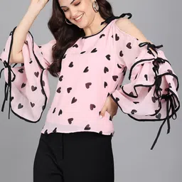 neoen Casual Layered Printed Women Pink, Black Top image 3