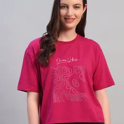 cantabil Women Printed Round Neck Cotton Blend Purple T-Shirt-picture-34