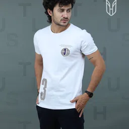 t-hustler Pack of 3 Men Graphic Print Round Neck Cotton Blend Black, White, Navy Blue T-Shirt image 5