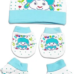 momscape New Born Baby Cap Mittens and Booties Combo Soft Cotton Printed Clothes Gift Set image 2