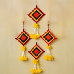 ecraftindia Red Fabric Artificial Marigold Flowers with Colorful Woolen Kite Hangings (Set of 4) image 1
