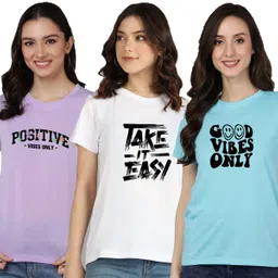 adyavastram Pack of 3 Women Graphic Print Round Neck Cotton Blend Multicolor T-Shirt image 1