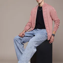 roadster Men Self Design High Neck Purple Sweater image 4