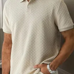 the modern soul Men Solid Polo Neck Organic Cotton Beige T-Shirt image 3