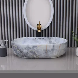 cluster Designer Matt Finish Over Counter Wash Basin For Bathroom, Hotel & Restaurants | Oblong Shaped (550 x 350 x 145 mm) | Glossy Marble White And Blue Table Top Basin-picture-14