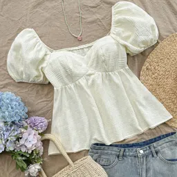 emeryla Casual Ruffled Sleeves Self Design Women Beige Top-picture-25