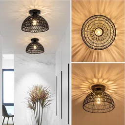 homesake Rattan Fixtures Ceiling Light,Woven Cage Boho Light 11" Flush Mount Light,Room, Ceiling Light Ceiling Lamp image 3