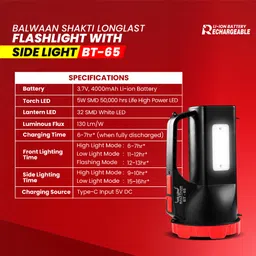 balwaan krishi BT-65 5W LED Flashlight with Side Light | Type-C Fast Charging | 3 Light Modes 7 hrs Torch Emergency Light image 2