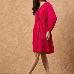 drape and dazzle Women Fit and Flare Pink Above Knee/Mid Thigh Length Dress image 3