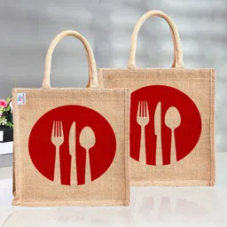Jute Red Spoon Fork Grocery Bag|Zipper Shopping Bag with Handle|Pack of 2|Brown Pack of 2 Grocery Bags-image-8