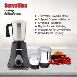 suryaviva Photon 2B + 2 Rod Room Heater + Victo 750 W Mixer Grinder Combo Glass Manual Gas Stove image 4