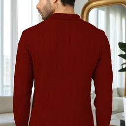 plus91 Men Self Design Collared Neck Maroon Sweater image 2