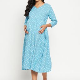 Hypernation Women Blue Printed Maternity Nightdress-picture-12