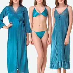 Romaisa Blue Maxi Satin Solid Nightwear Set-image-0