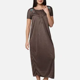 Be You Women Coffee Brown Embroidered Maxi Maternity Nightdress-picture-31