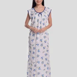 CIERGE Blue & White Printed Pure Cotton Maxi Nightdress-picture-24