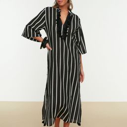 Trendyol Striped Mandarin Collar Pure Cotton Nightdress-picture-46