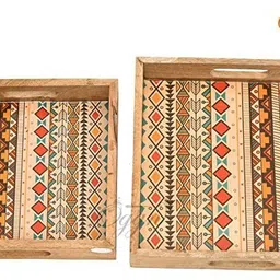 oggn Wooden Printed Multi Purpose Tray Set Of 2 Vintage Serving Tray For Kitchen Tray image 2