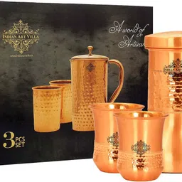 indianartvilla Copper Designer Hammered & Smooth Bedroom Bottle With Set of 2 Copper Glasses,Drinkware, Diwali Anniversary Party Christmas Gift Set Box, 1200 ML Jug Glass Set image 2