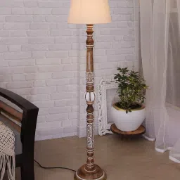 homesake Royal Carving Antique White Finish Wooden Floor Lamp with Khadi Shade image 2