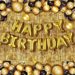 tim fashion Solid Solid Happy Birthday Golden Foil Letter Balloons(13 foil latter 1 pack)With 21 Pic Black Gold Balloons And 2 Pcs Golden Metallic Fringe Shiny Curtains(Pack Of 36) Balloon Balloon (Black, Gold, Pack of 36) Balloon-picture-19