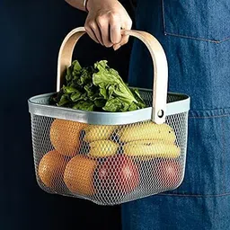 Square Metal Wire Woven Fruit Storage Bowl Basket with Wooden Handle Iron, Wooden Fruit & Vegetable Basket-image-53