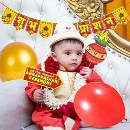 zyozi Yellow & Red Annaprasanam Photo Booth Props with Rice Ceremony Banner and Balloon image 5