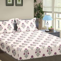 Trance Home Linen White & Pink Floral 180 TC Cotton King Bedsheet with 2 Pillow Covers-picture-47
