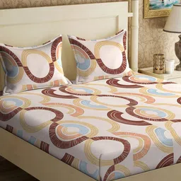 KLOTTHE Beige & Brown Geometric 300TC Fitted Double King Bedsheet With 2 Pillow Covers-picture-31