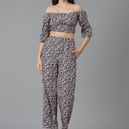 Kotty Floral Printed Off-Shoulder Crop Top & Trousers-image-15