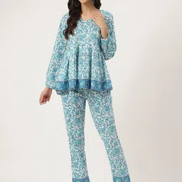 Divena Floral Printed Pure Cotton V-Neck Peplum Top With Trousers Co-Ords-image-64