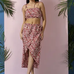 Kotty Red Floral Printed Shoulder Straps Top With Skirt-image-53