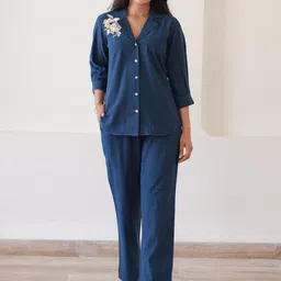 Ambraee Floral Embroidered Lapel Collar Pure Cotton Shirt With Trouser-image-78