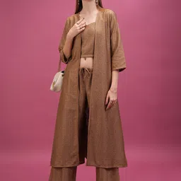 Tokyo Talkies Brown Self-Design Crochet Crop Top With Trousers & Shrug-picture-47