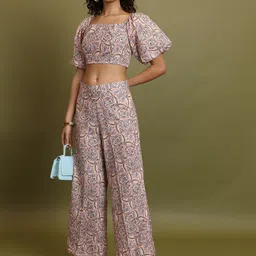 Vishudh Floral Printed Square Neck Crop Top With Trousers-picture-26