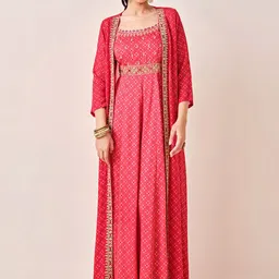 Global Desi Ethnic Motifs Printed Shoulder Straps Fit & Flare Ethnic Dress with Shrug-picture-38