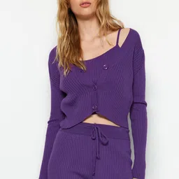 Trendyol Ribbed Acrylic Top & Jacket With Straight Trouser-image-87