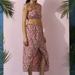 Kotty Red Floral Printed Shoulder Straps Top With Skirt image 5