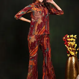 Claura Abstract Printed Shirt Collar Chanderi Silk Tunic & Trousers Co-Ords Set image 3