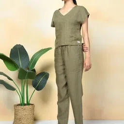 rimore Women Solid Linen Top and Trousers Co-Ord Set image 3
