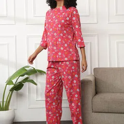 Bannos Swagger Pink Floral Printed Pure Cotton Top & Pyjama image 3