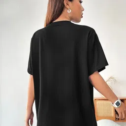 calm down Women Printed Round Neck Cotton Blend Black T-Shirt image 2