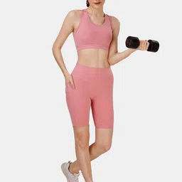 Soie High Rise Medium Impact Full Coverage Moisture Wicking Racerback Sports Bra & Shorts image 4