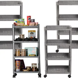Pack of 4 Multipurpose 4-Layer Storage Trolley Rack with Wheels | Grey Plastic Kitchen Trolley-image-7
