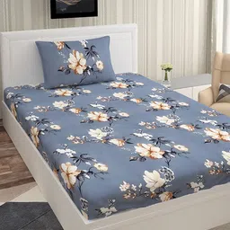 Urban Magic Grey & Peach-Coloured Floral 140 TC Single Bedsheet with 1 Pillow Covers image 1